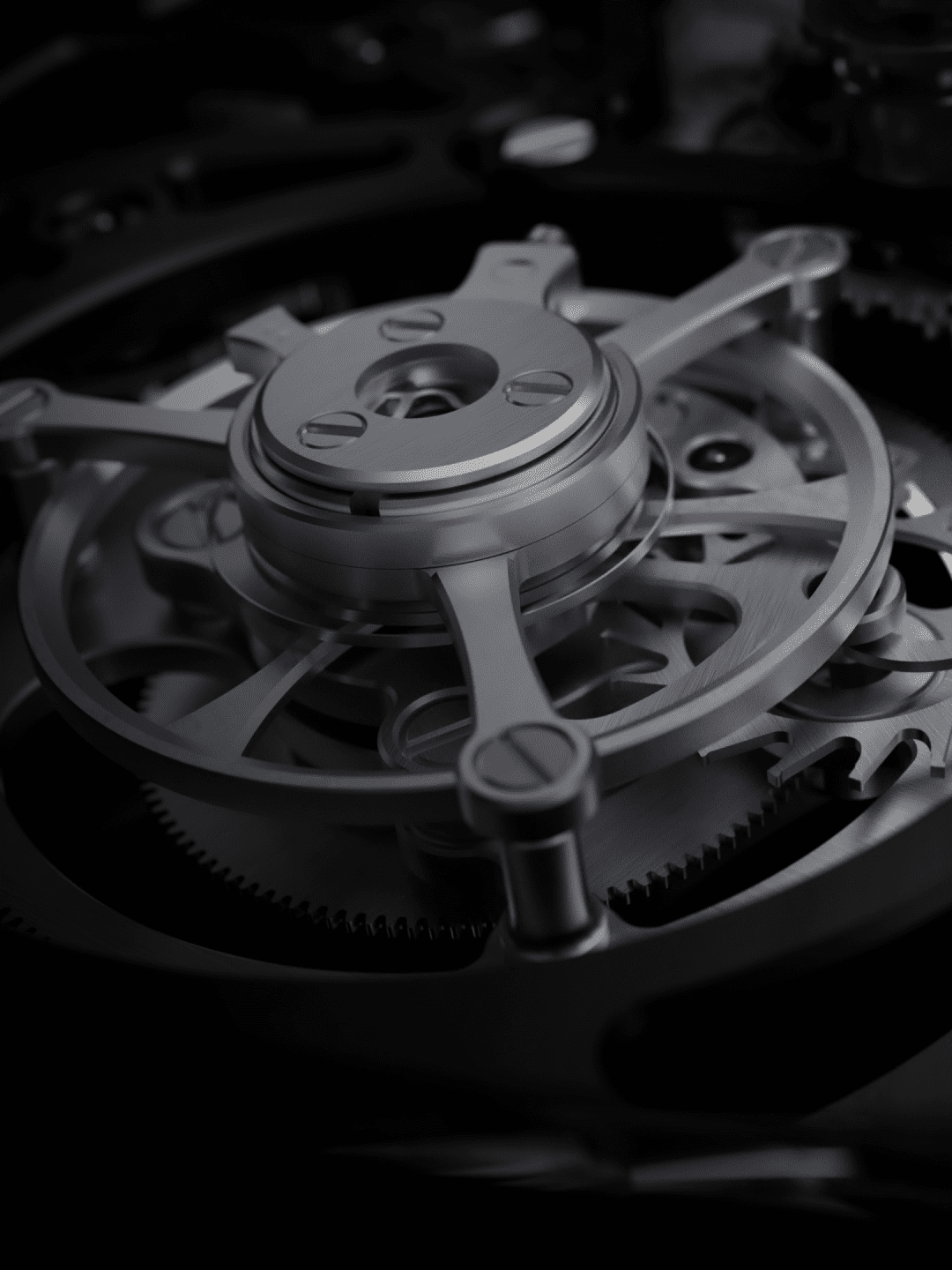 Tourbillon volant d’un mouvement mécanique suisse avec cage de régulation et composants horlogers visibles